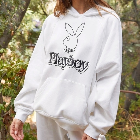 PacSun NWT Playboy Hoodie Oversize White Pullover Sweatshirt Women’s Size Medium - Picture 1 of 13